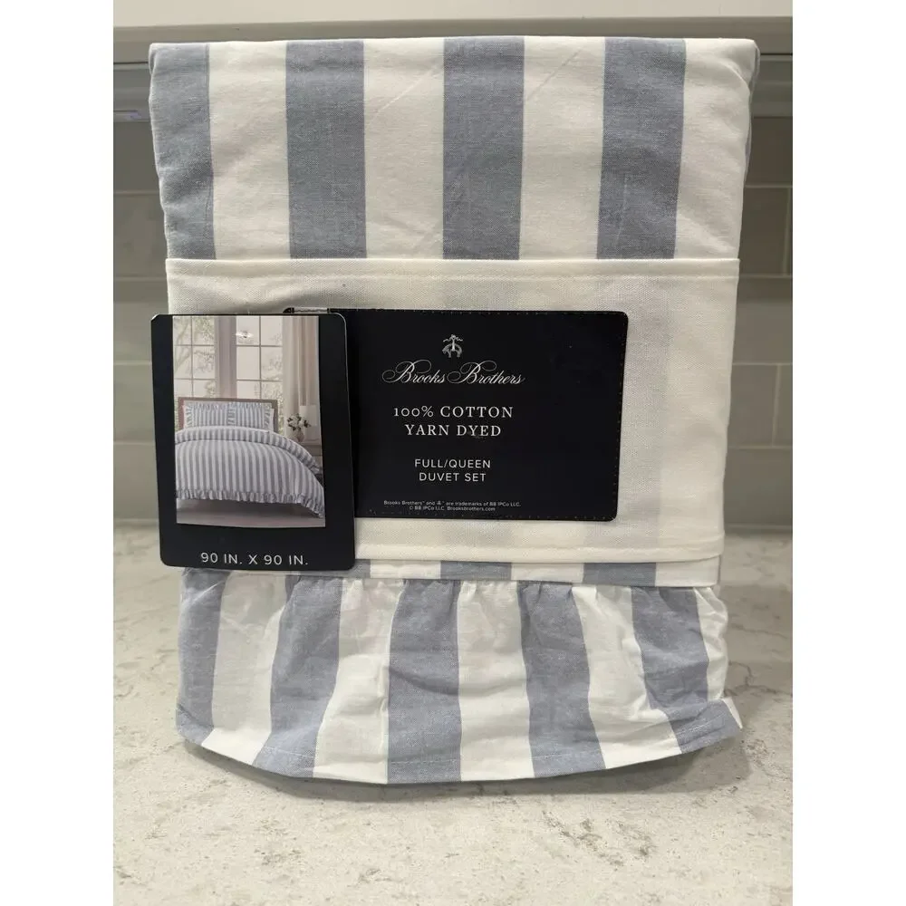 New Brooks Brothers Cotton Queen Full Duvet Set (3 Pc) Blue Striped Ruffle Cute